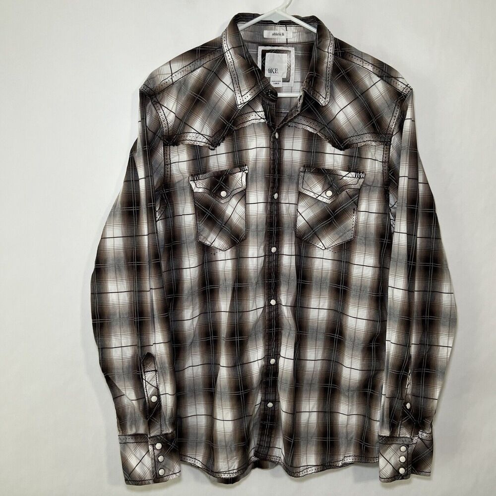 BKE Athletic Fit Pearl Snap Western Shirt Men Size Large Brown Plaid Long Sleeve